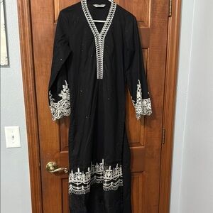 Chic Black and White Embroidered Long Sleeve Dress. Pakistani.
